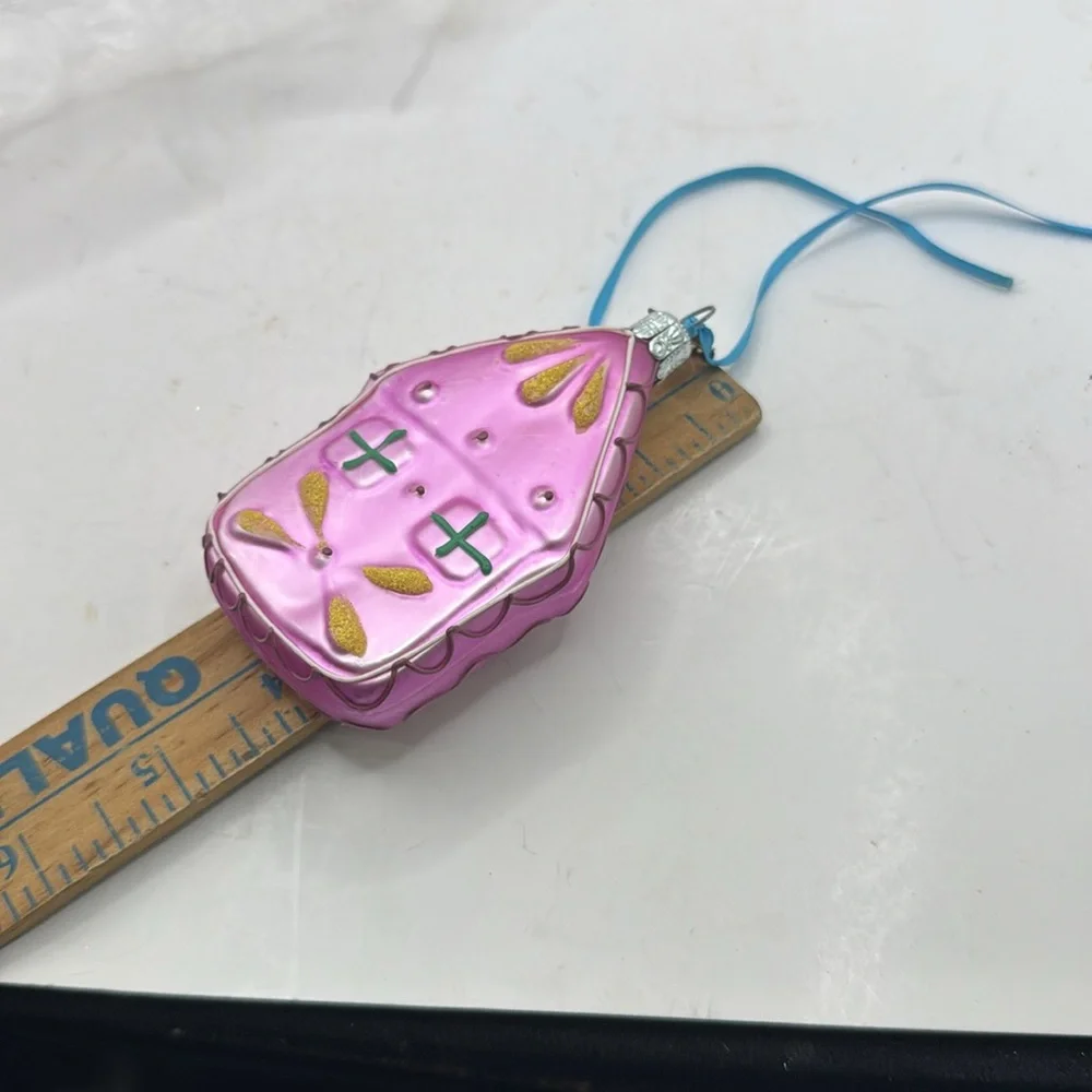 Pier 1 Mini House Pink Handpainted Glass Christmas Ornament Collectible Decor